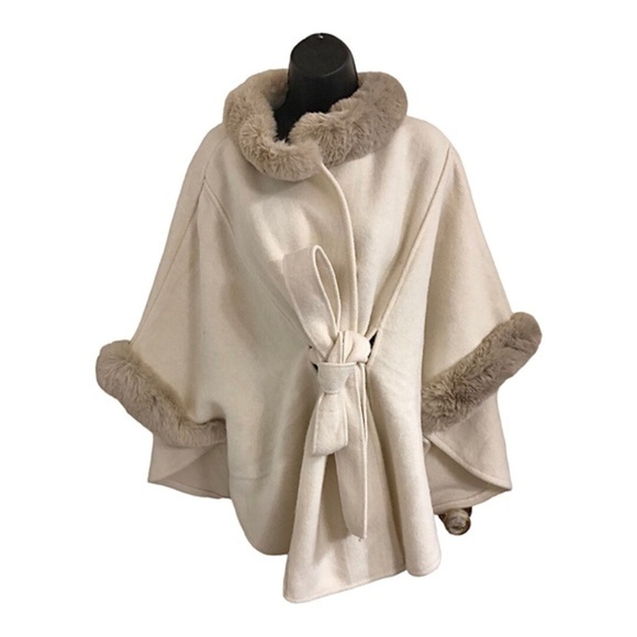 Gorgeous faux fur trim cream ecru belted‎ cape coat topper size S/M new - Picture 15 of 17